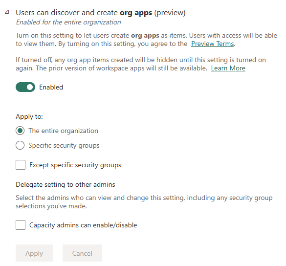 Org apps tenant settings